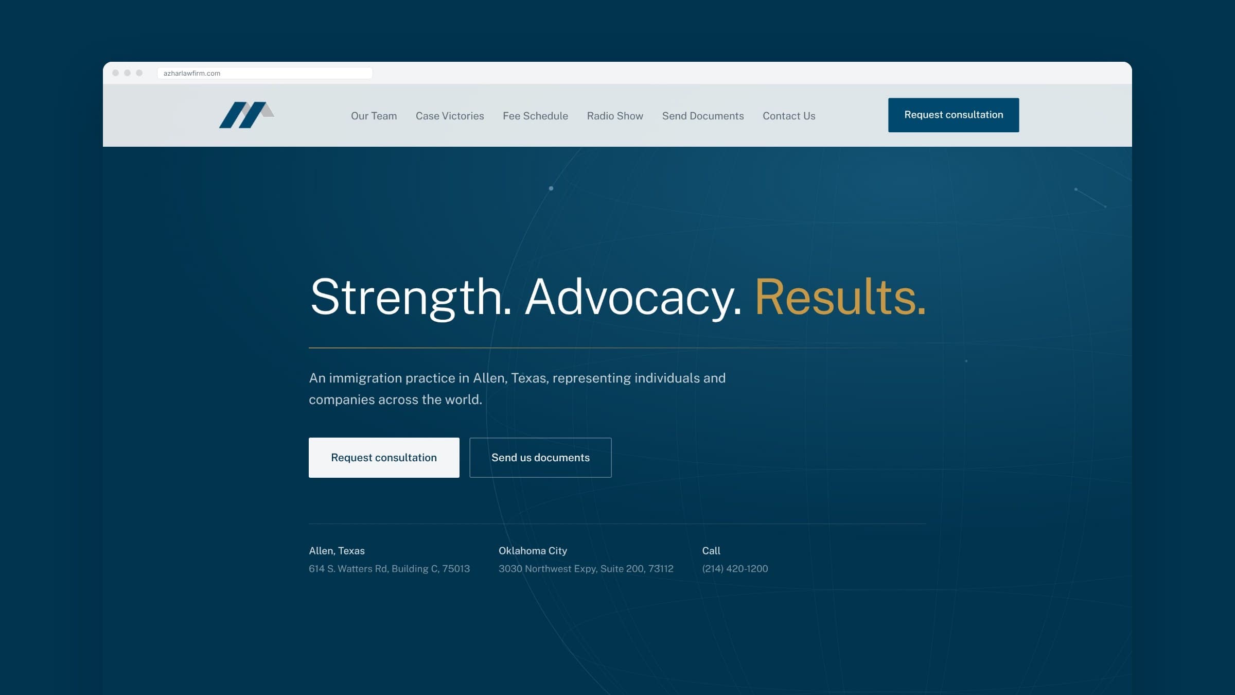 Azhar & Azhar homepage hero reading Strength. Advocacy. Results. on a navy background, shown in a browser window