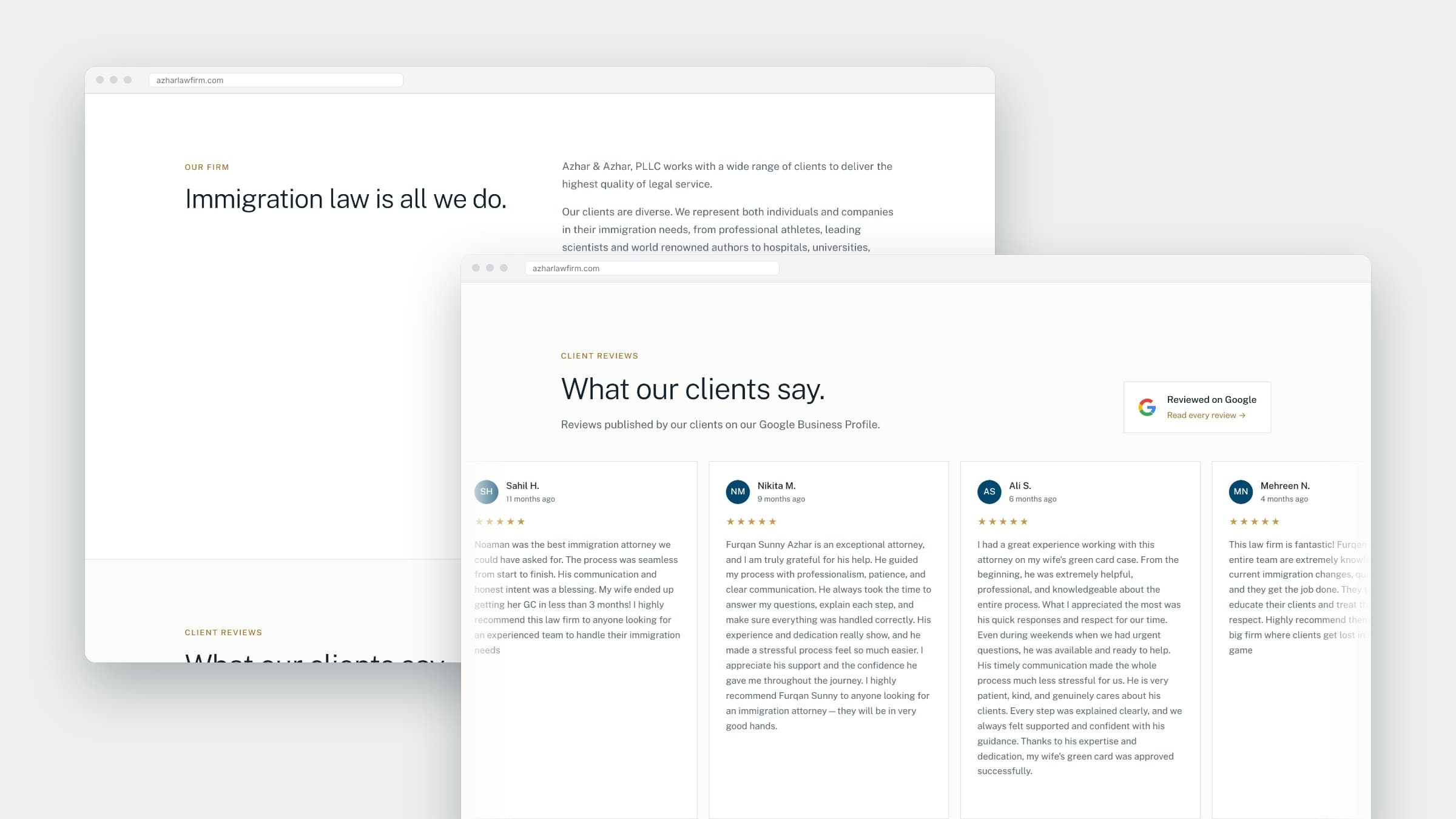 Azhar & Azhar homepage sections for the firm introduction, practice areas and Google client reviews