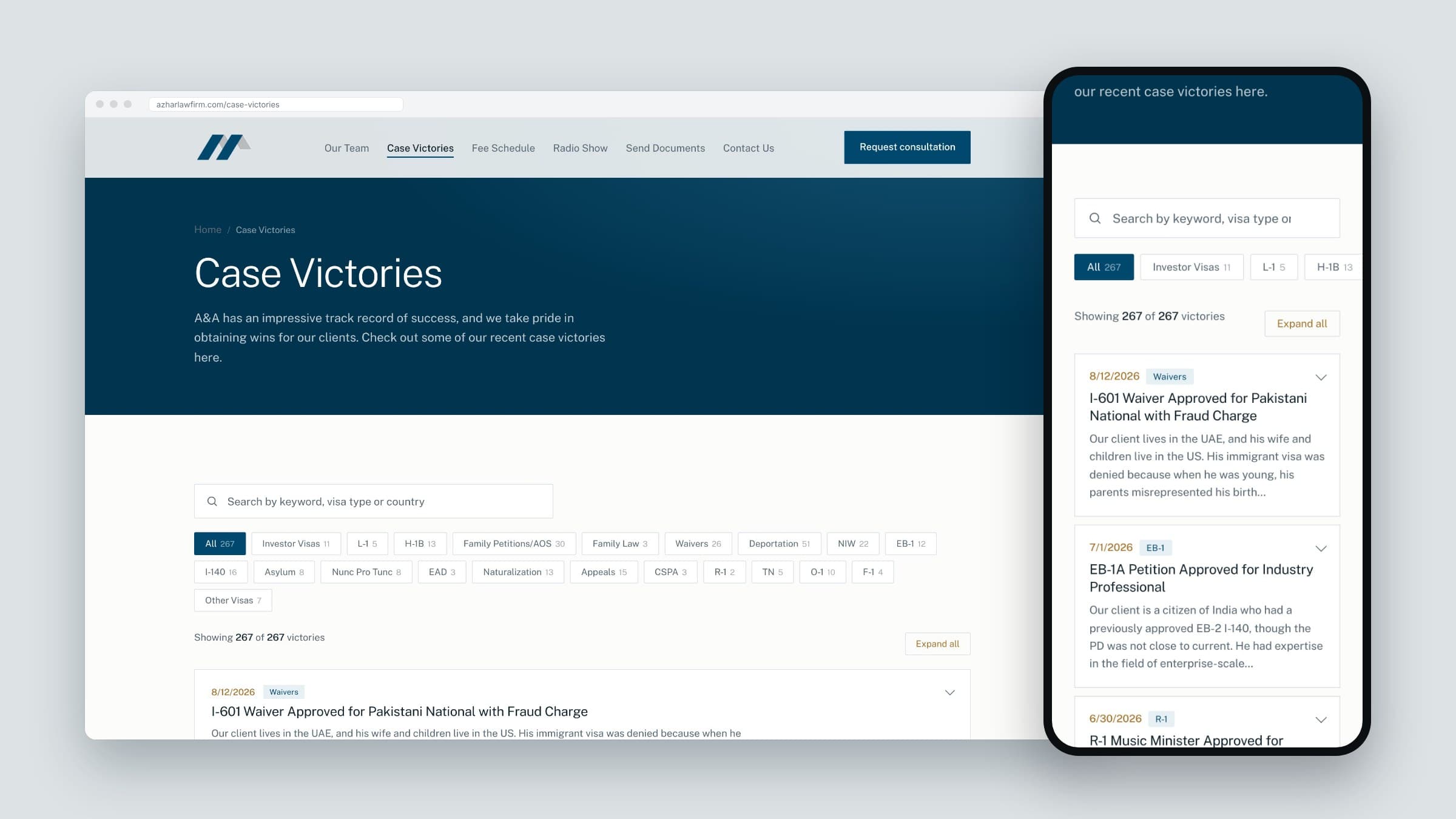 Azhar & Azhar case victories page with search, visa type filters and case summaries on desktop and mobile