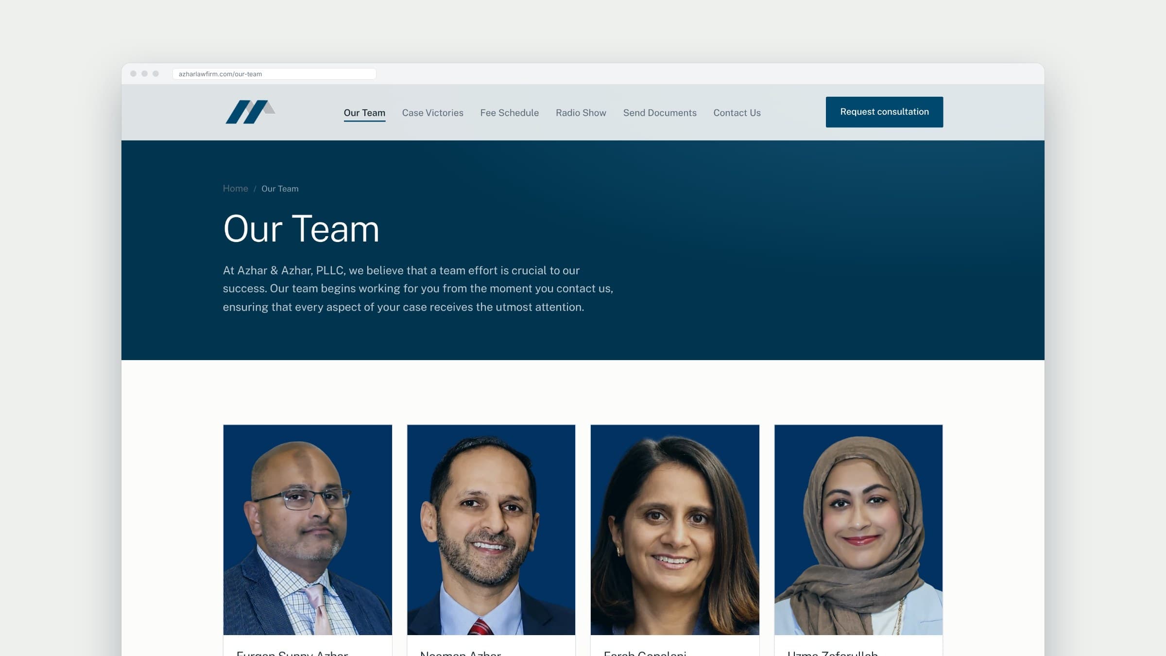 Azhar & Azhar Our Team page with portraits of four immigration attorneys