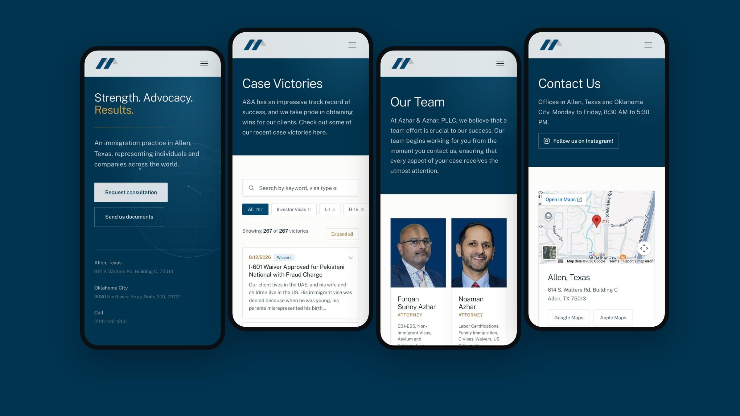 Four Azhar & Azhar mobile pages: homepage, case victories, our team and contact