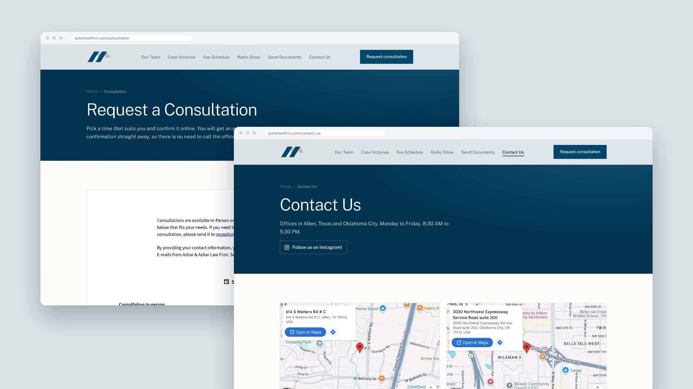 Azhar & Azhar consultation booking page and contact page with office maps