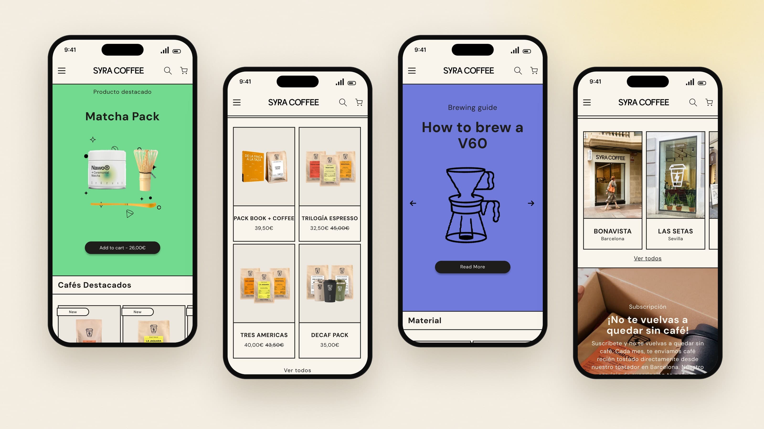 Four Syra Coffee mobile screens: featured Matcha Pack, favourite packs, a V60 brewing guide and café locations