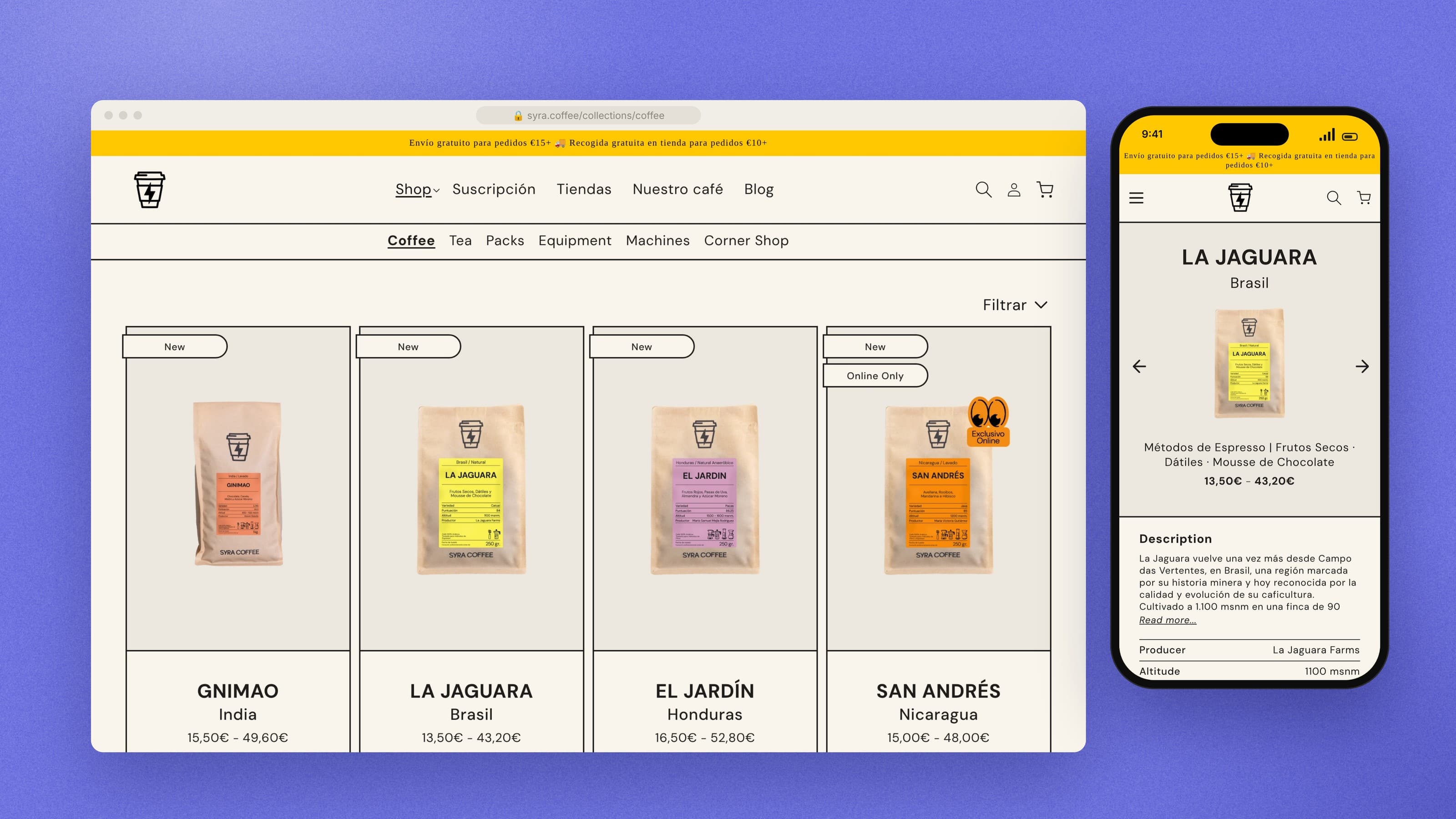 Syra Coffee coffee collection page on desktop and the La Jaguara product page on mobile