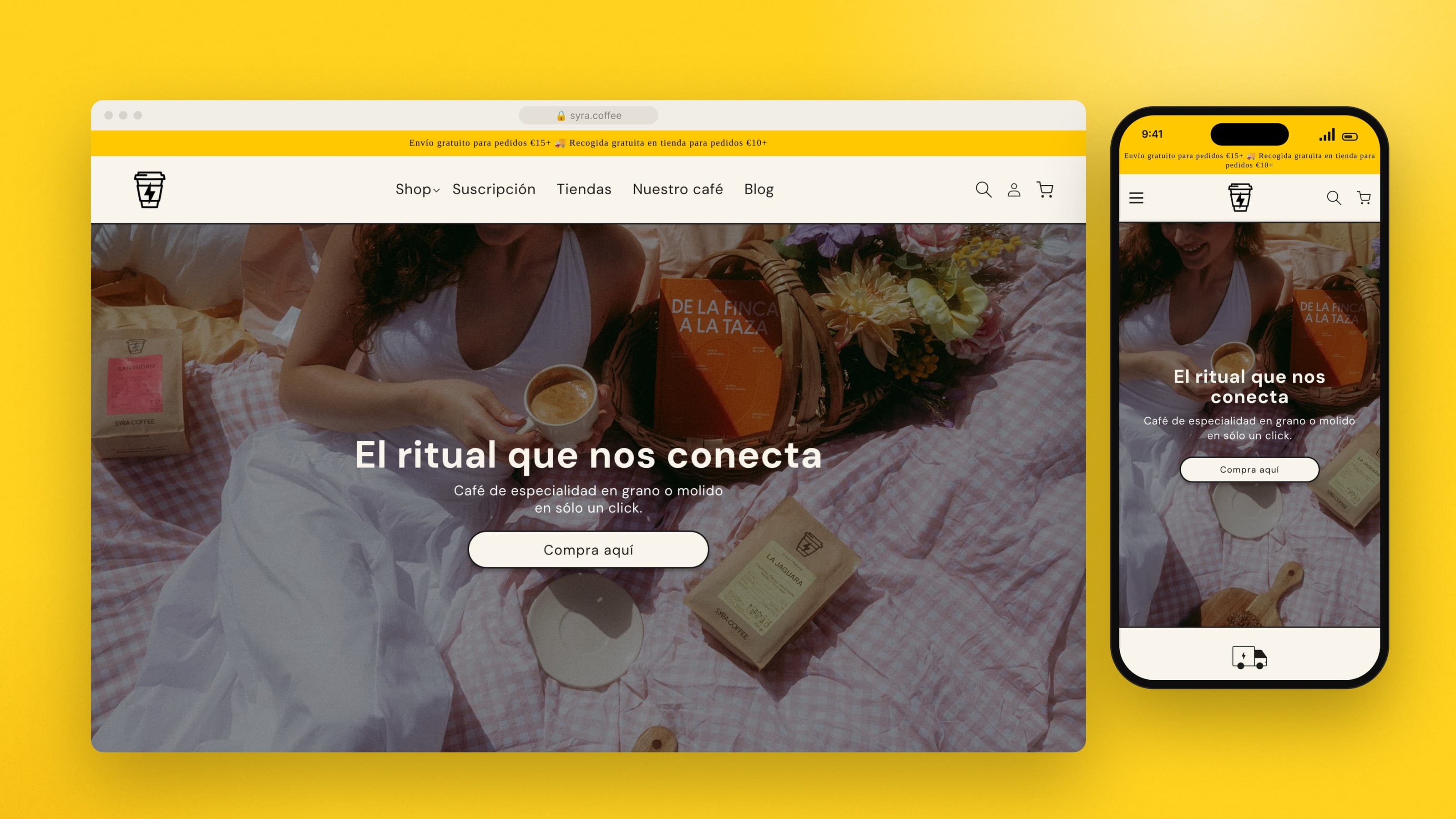 Syra Coffee homepage on desktop and mobile with the hero El ritual que nos conecta
