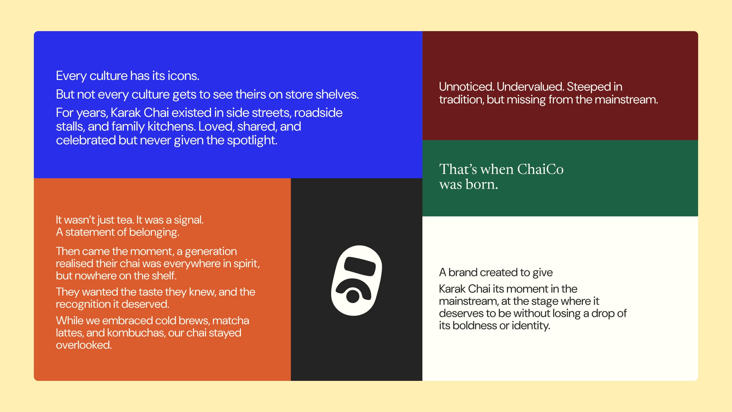 Chaico brand story panels about karak chai moving from side streets and family kitchens to store shelves