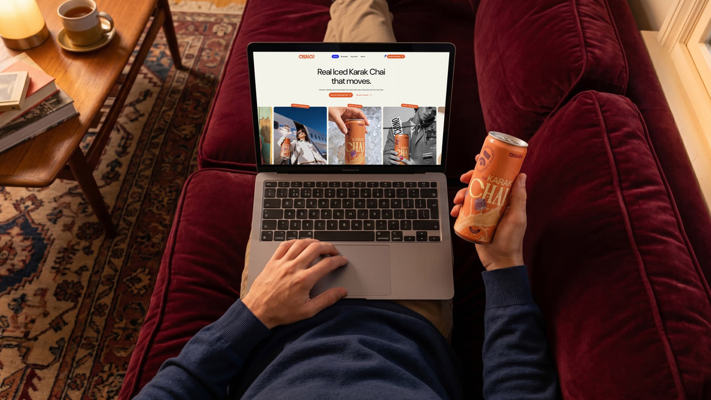 Chaico website on a laptop with the headline Real Iced Karak Chai that moves, next to a can of Chaico