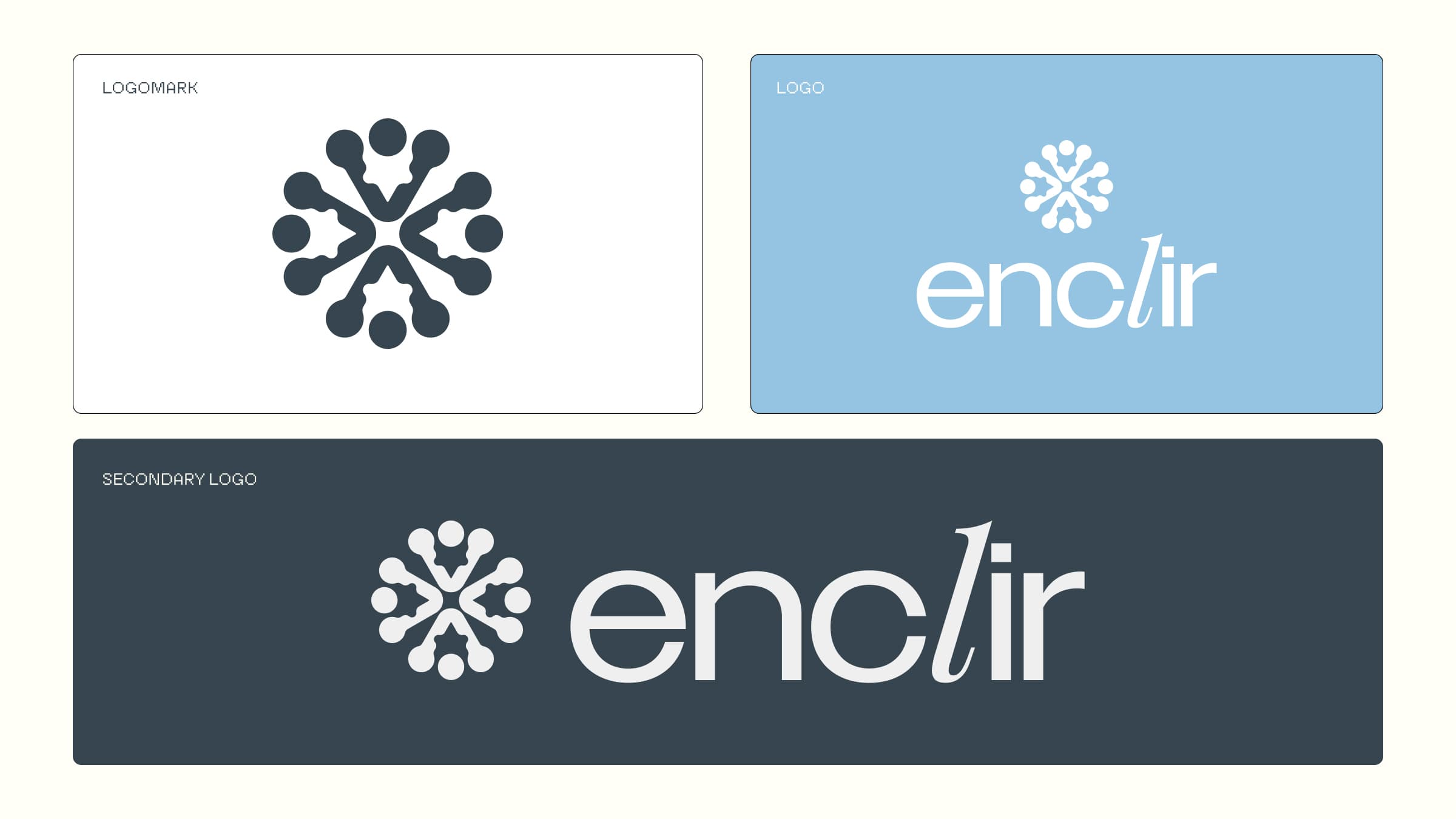 Enclir logo system showing the molecular logomark, the stacked logo and the horizontal secondary logo