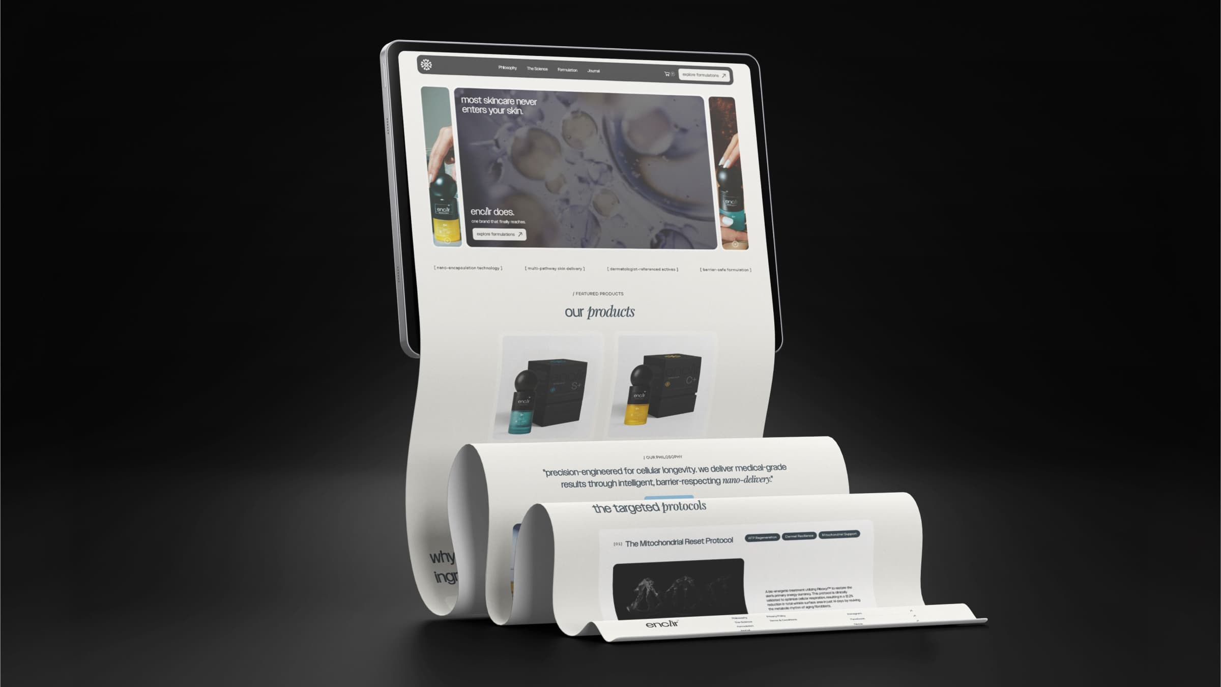Enclir website on a tablet showing the hero, products, philosophy and targeted protocols sections
