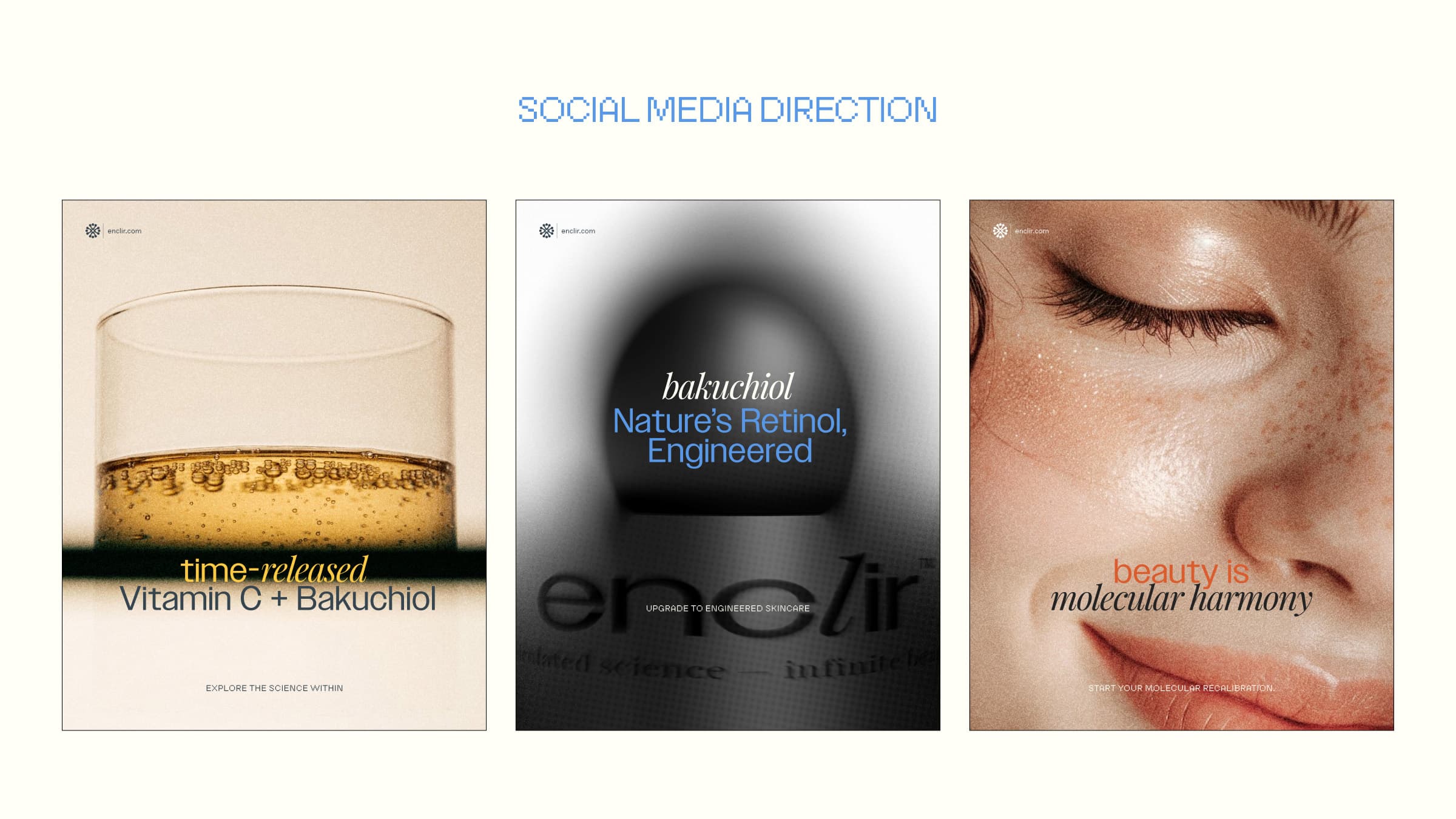 Three Enclir launch social posts about Vitamin C with Bakuchiol, Bakuchiol as nature's retinol, and molecular harmony