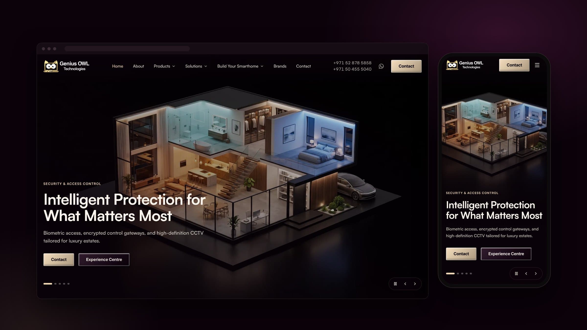 Genius OWL Technologies homepage on desktop and mobile with a 3D cutaway of an automated home