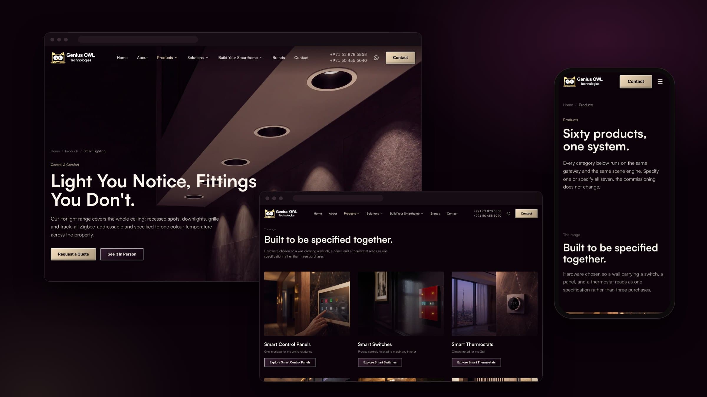 Genius OWL Technologies smart lighting page, products range and mobile products page