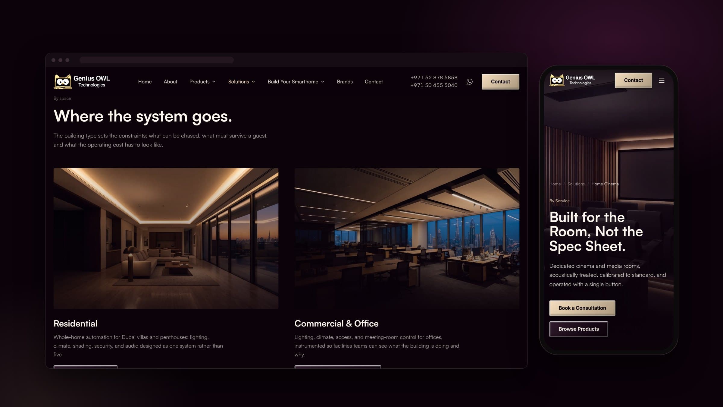 Genius OWL Technologies solutions page by space and the home cinema page on mobile