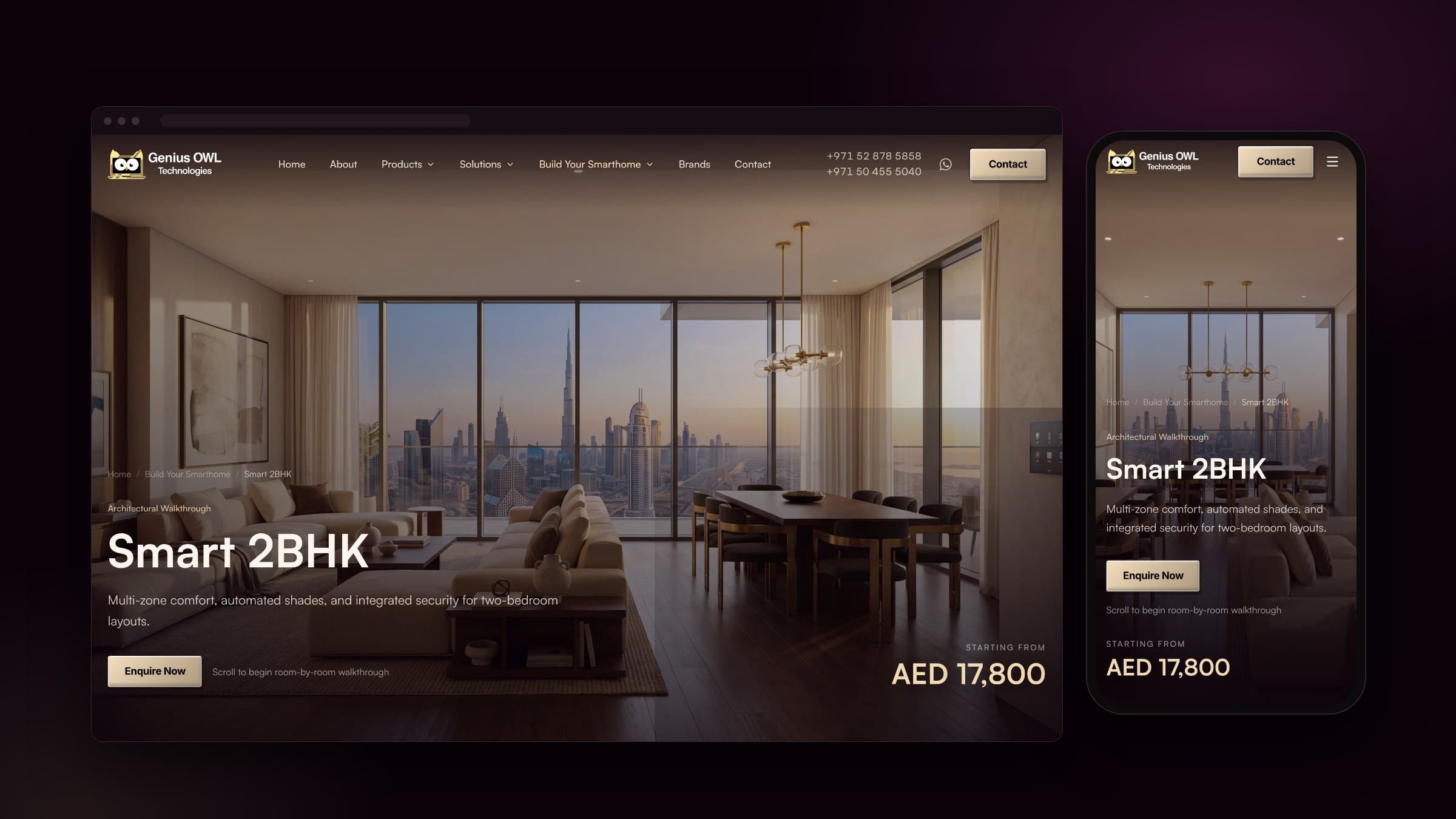 Genius OWL Technologies Smart 2BHK package page starting from AED 17,800 on desktop and mobile