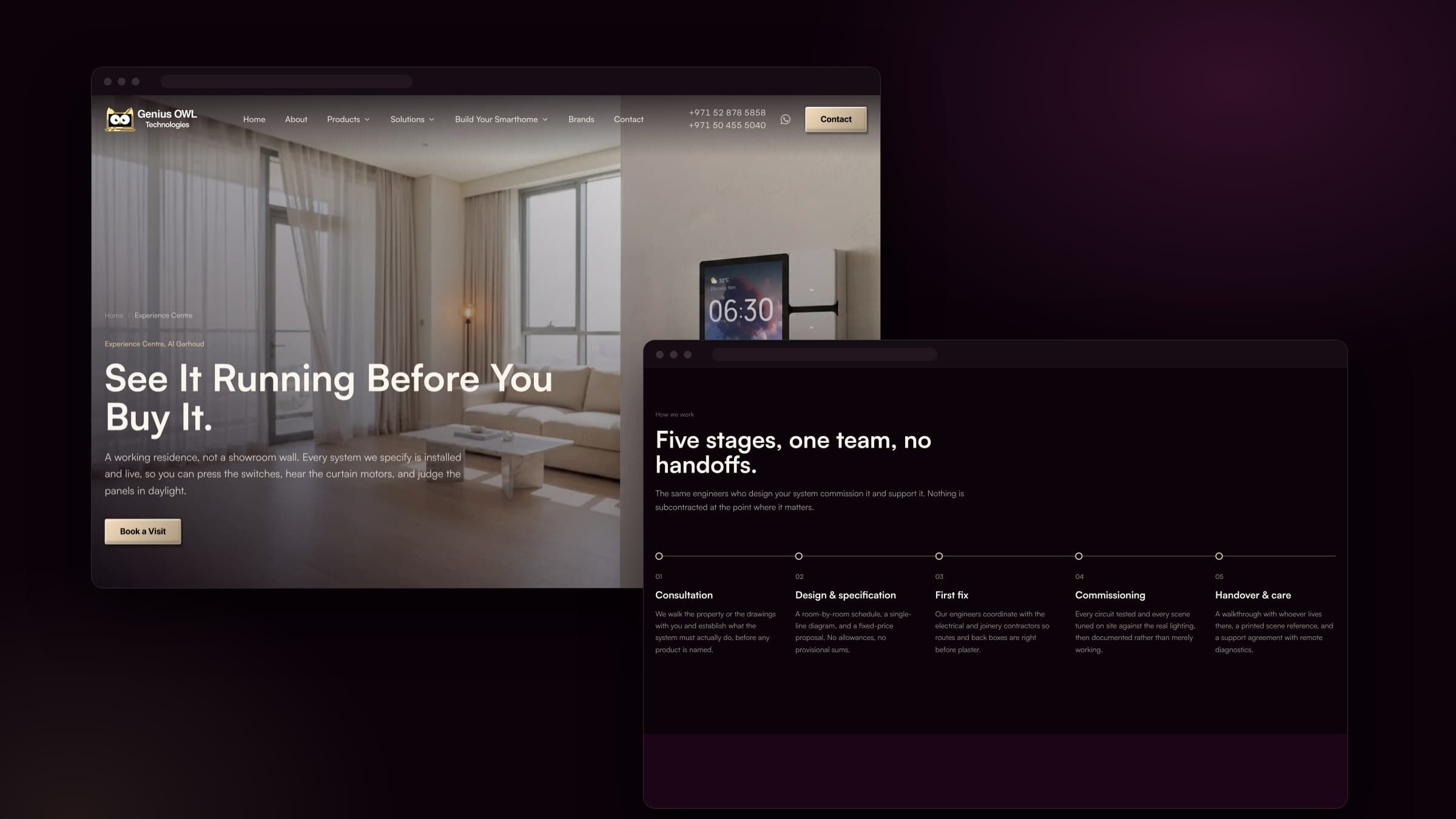 Genius OWL Technologies experience centre page and five-stage process section