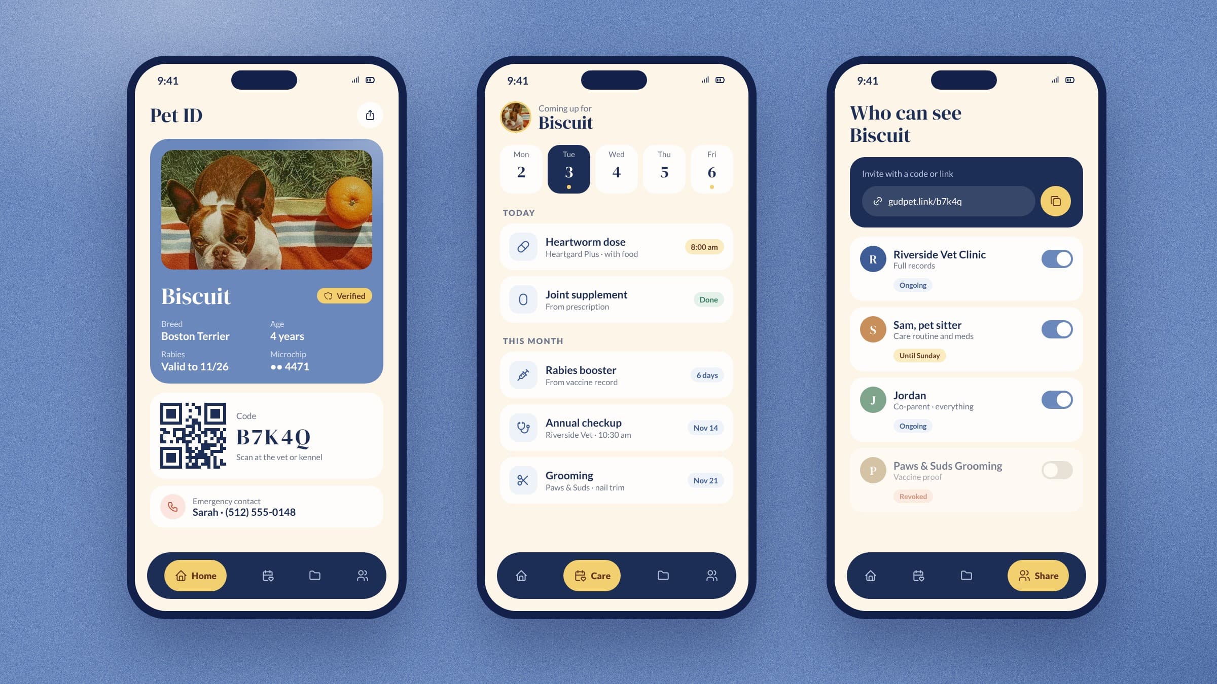 Three güdpet phone screens: Pet ID with a QR code, upcoming care reminders, and who can see the pet profile