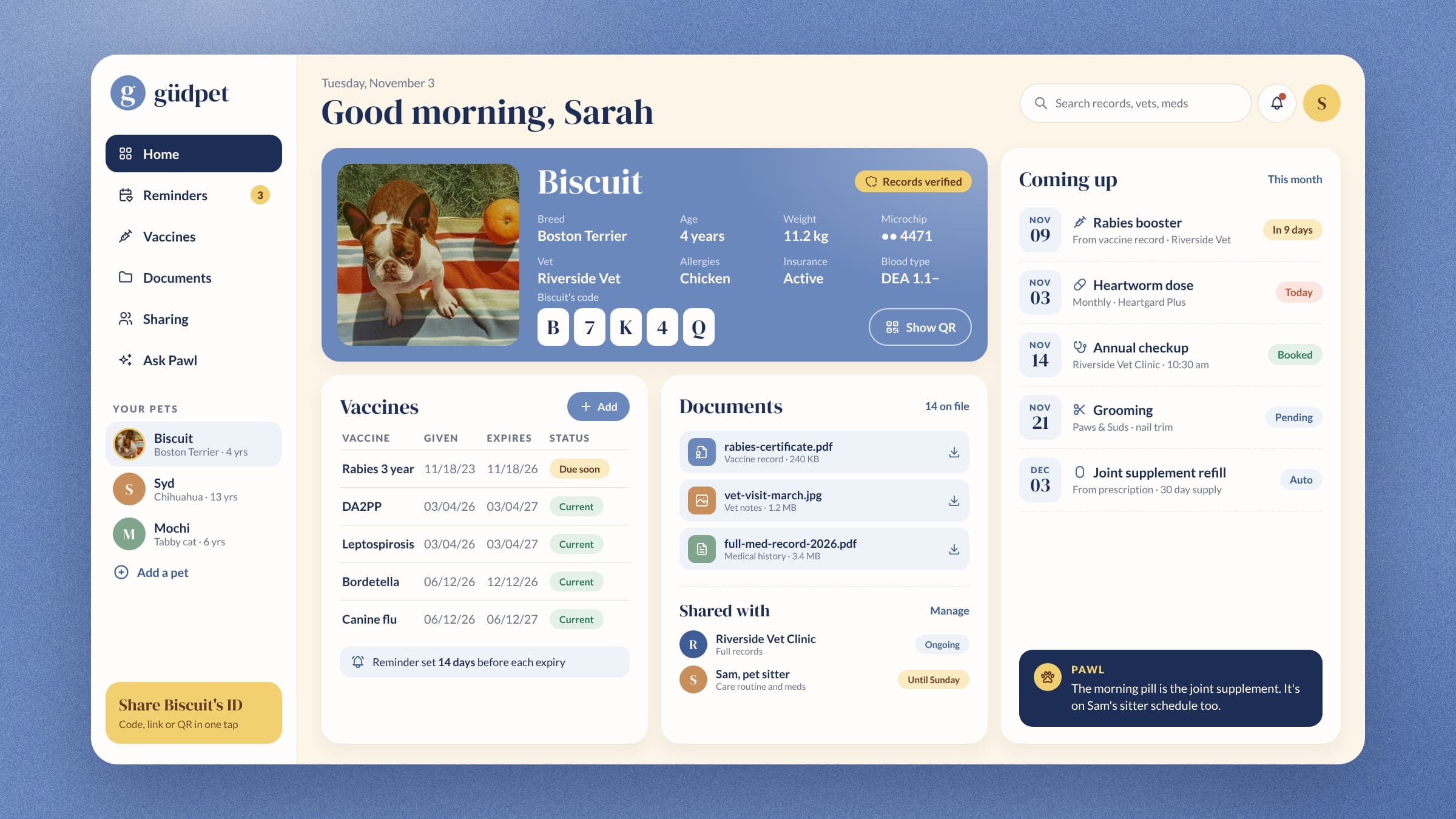 güdpet web dashboard with a pet profile card, vaccines, documents, sharing, upcoming reminders and a note from Pawl