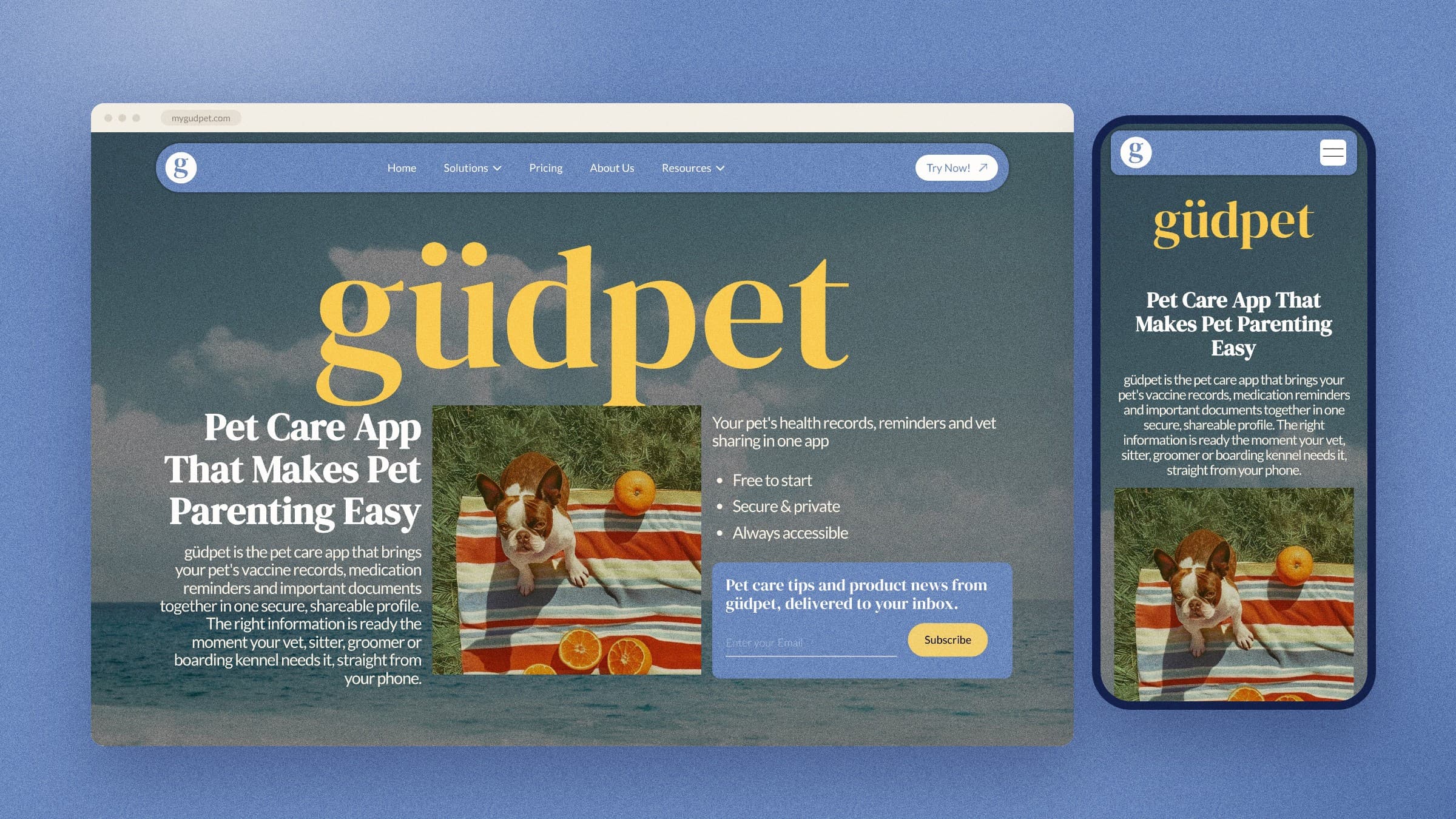 güdpet homepage on desktop and mobile with the headline Pet Care App That Makes Pet Parenting Easy