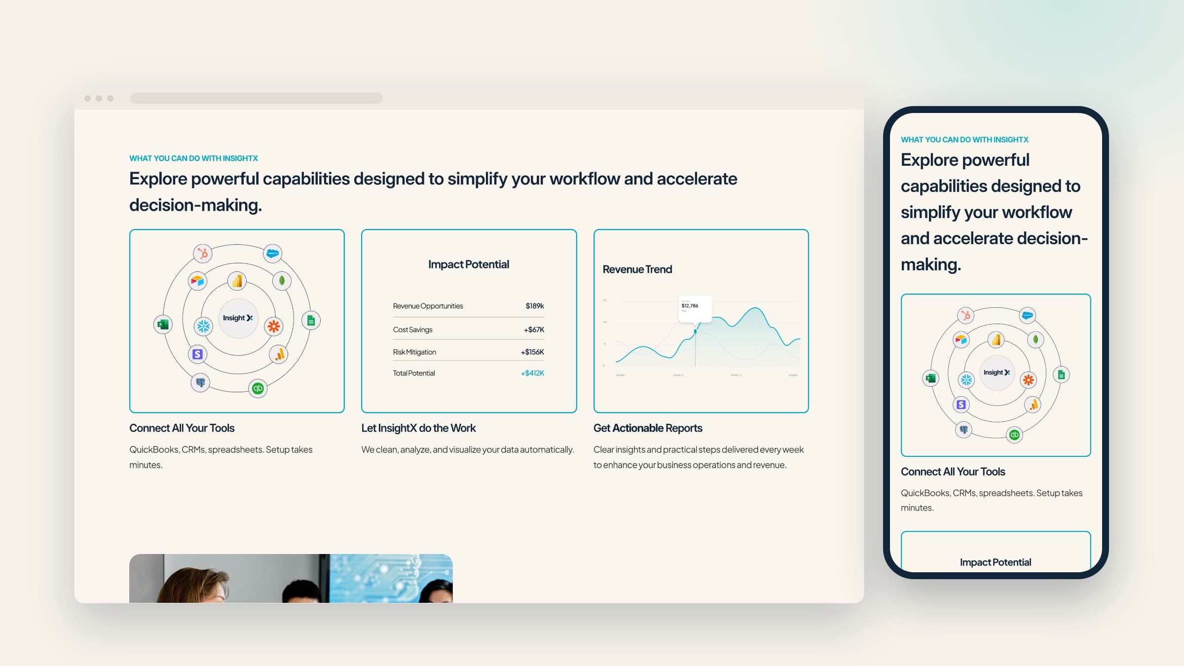 Insight X features section on desktop and mobile: connect your tools, let Insight X do the work, get actionable reports