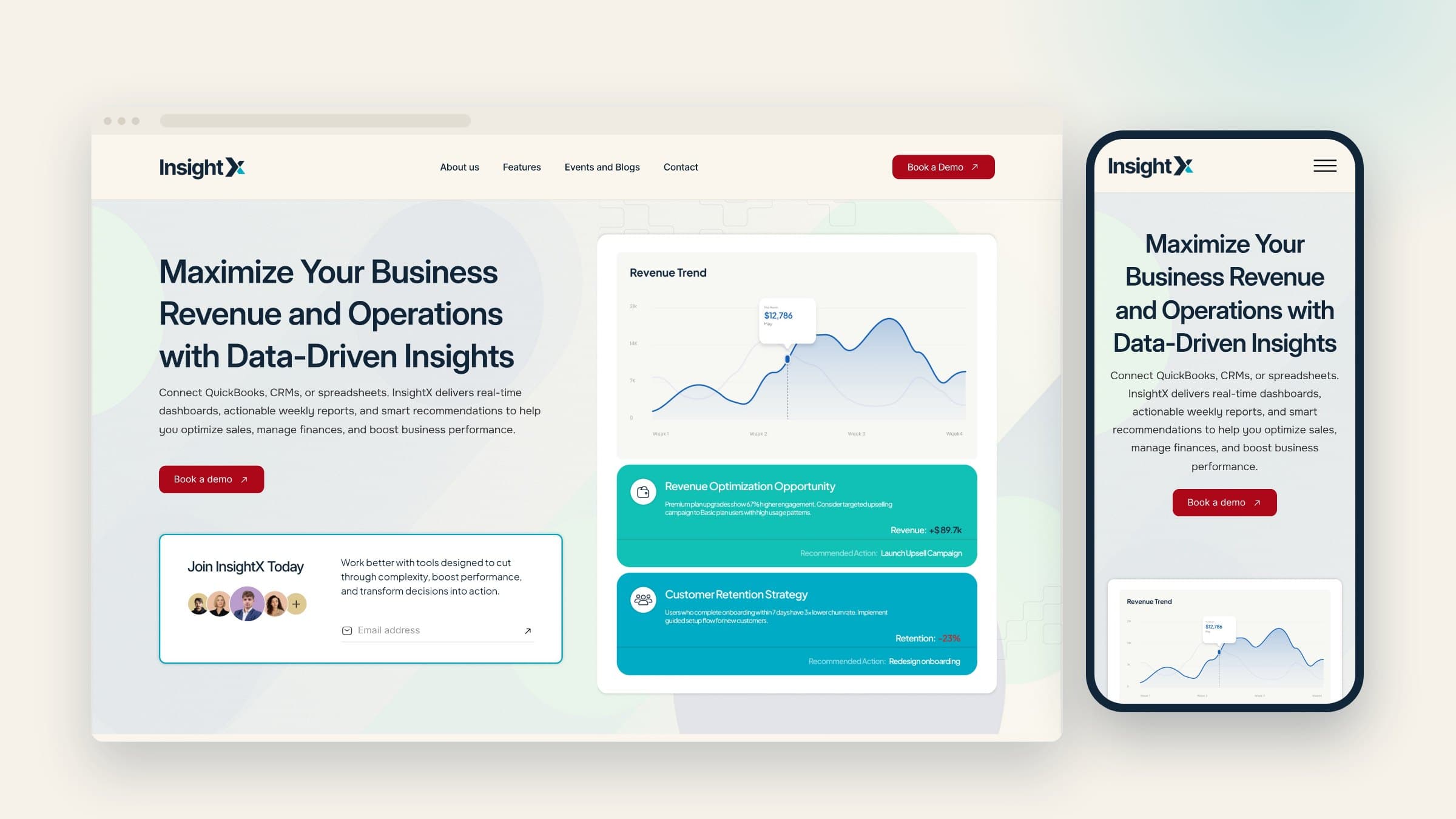 Insight X homepage on desktop and mobile with the headline Maximize Your Business Revenue and Operations