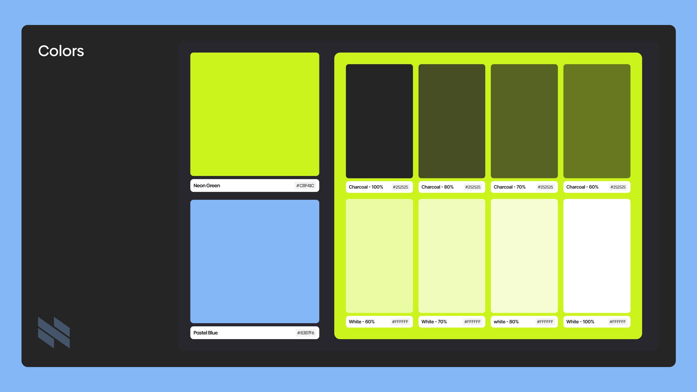 Novum colour palette with Neon Green, Pastel Blue and charcoal and white tints