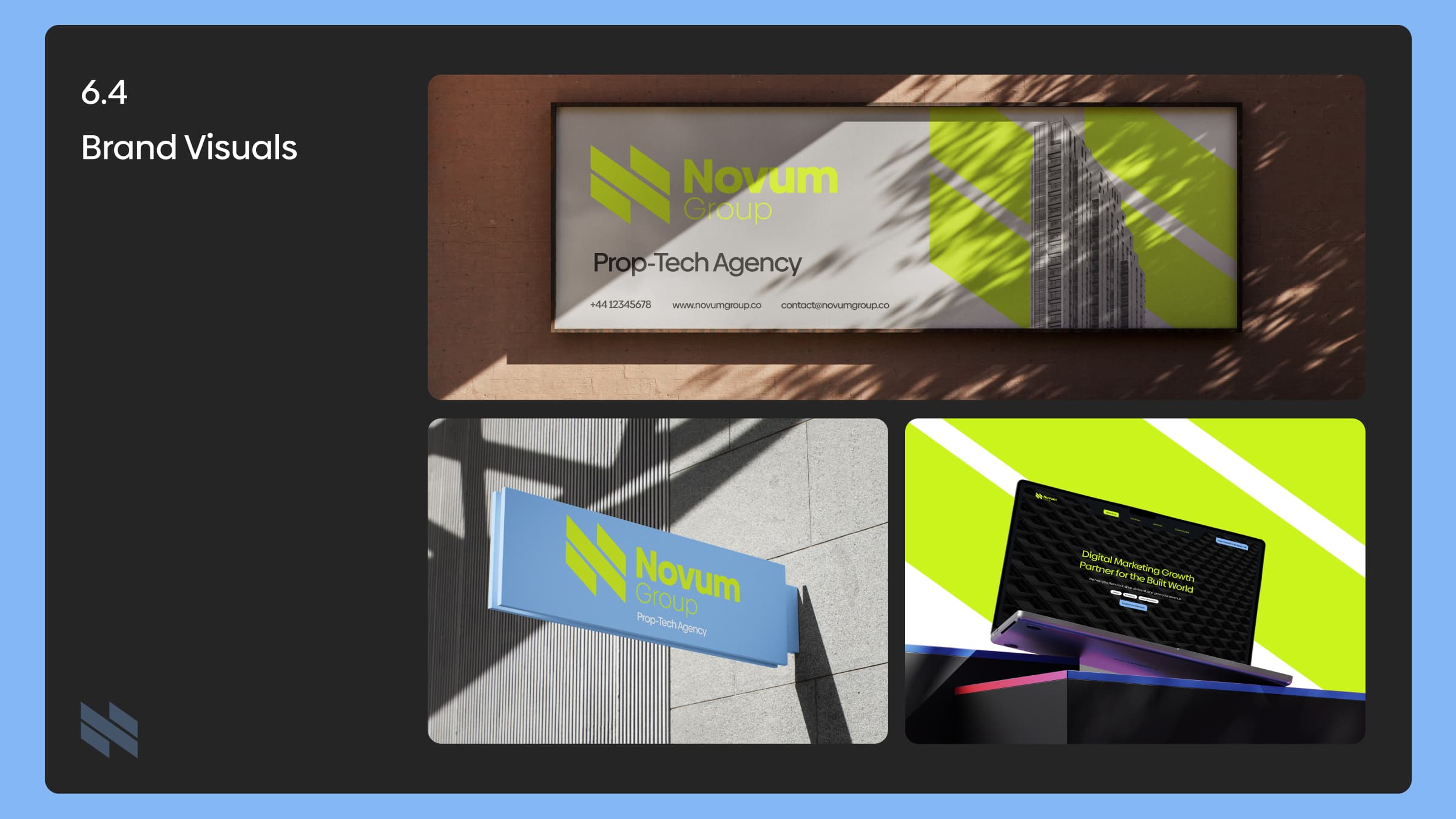Novum Group billboard, wall sign and website shown as brand applications