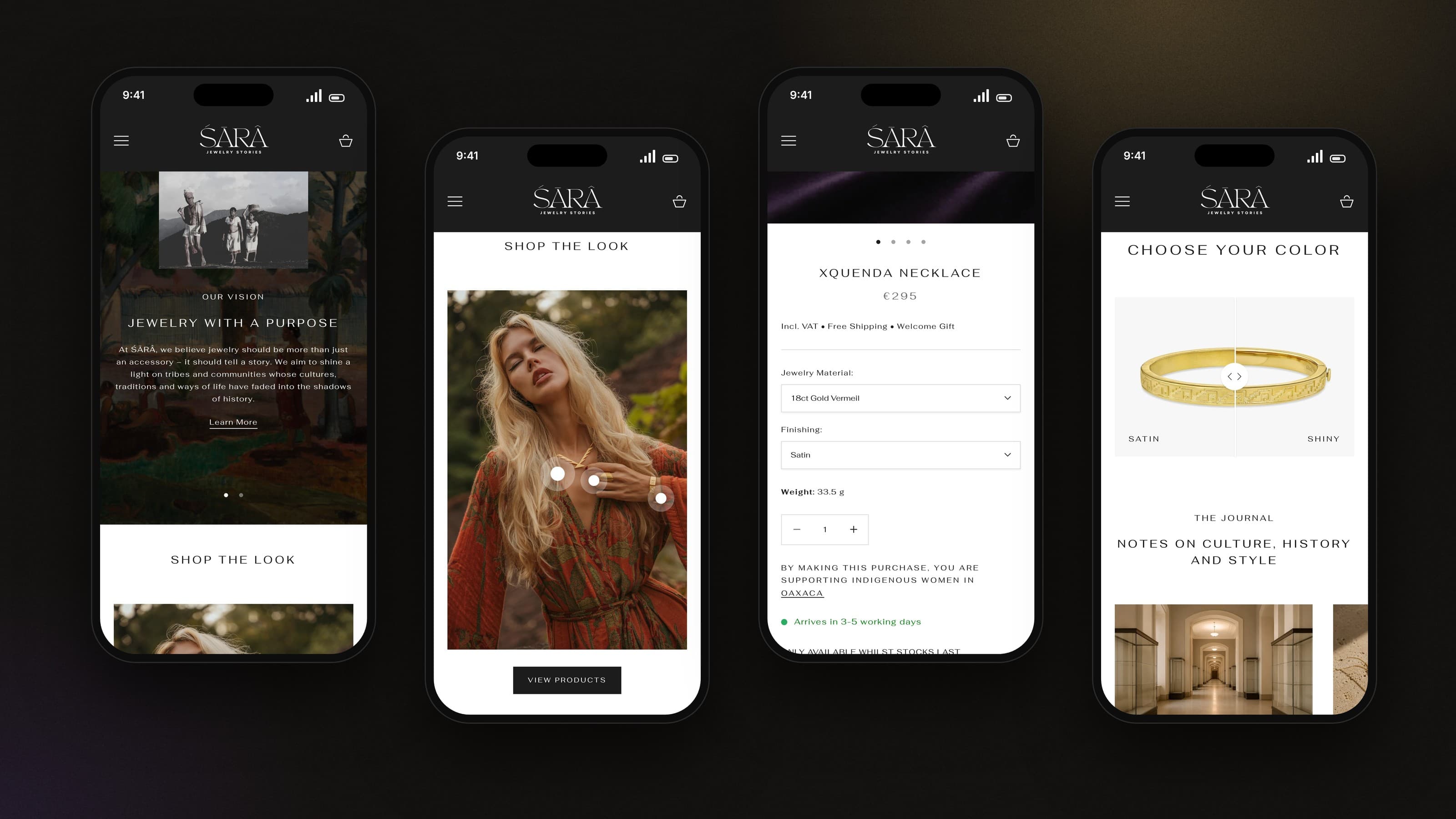 Four ŚĀRÂ mobile screens: jewelry with a purpose, shop the look, the Xquenda necklace options and choose your color