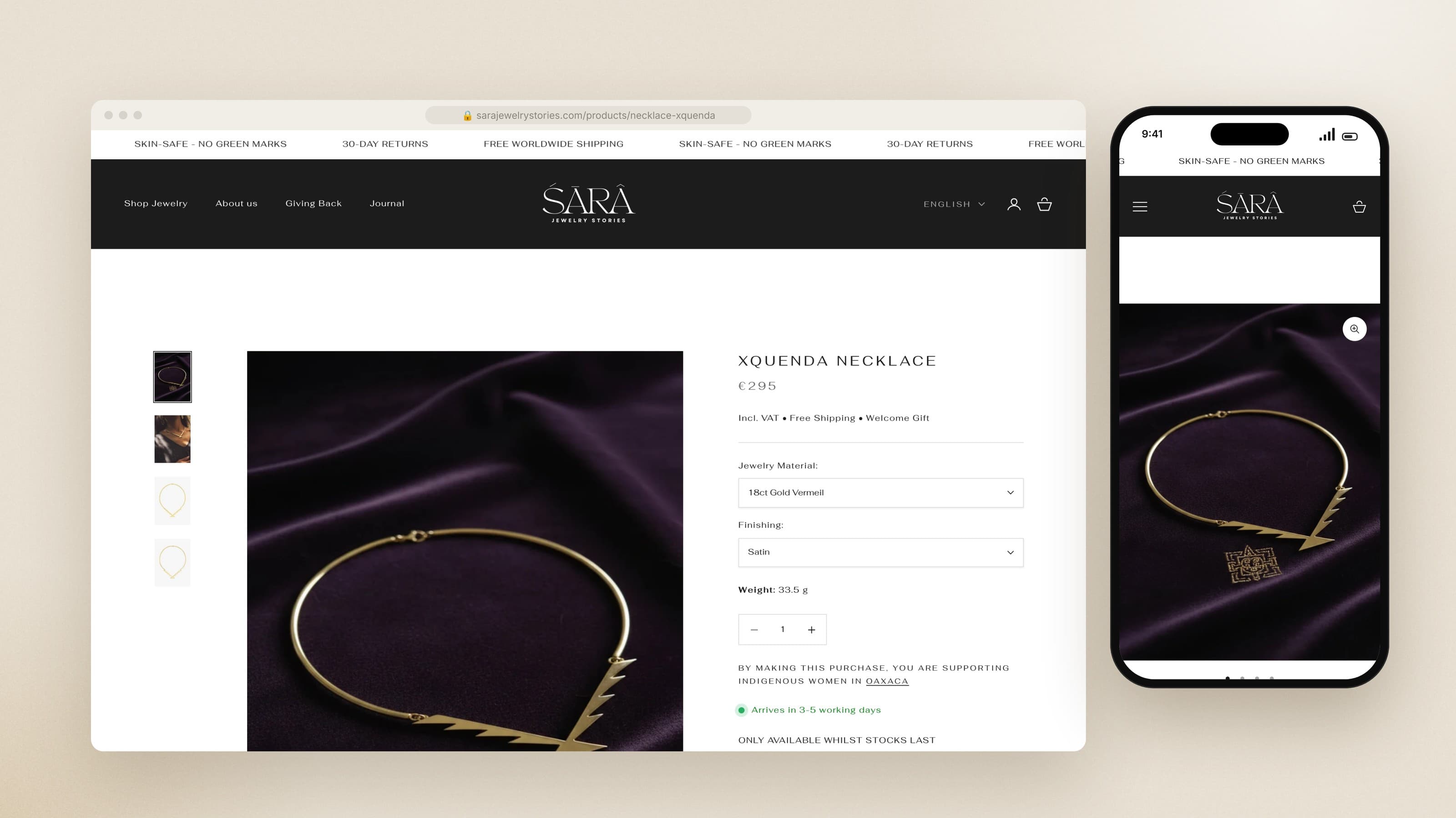 Xquenda necklace product page on desktop and mobile