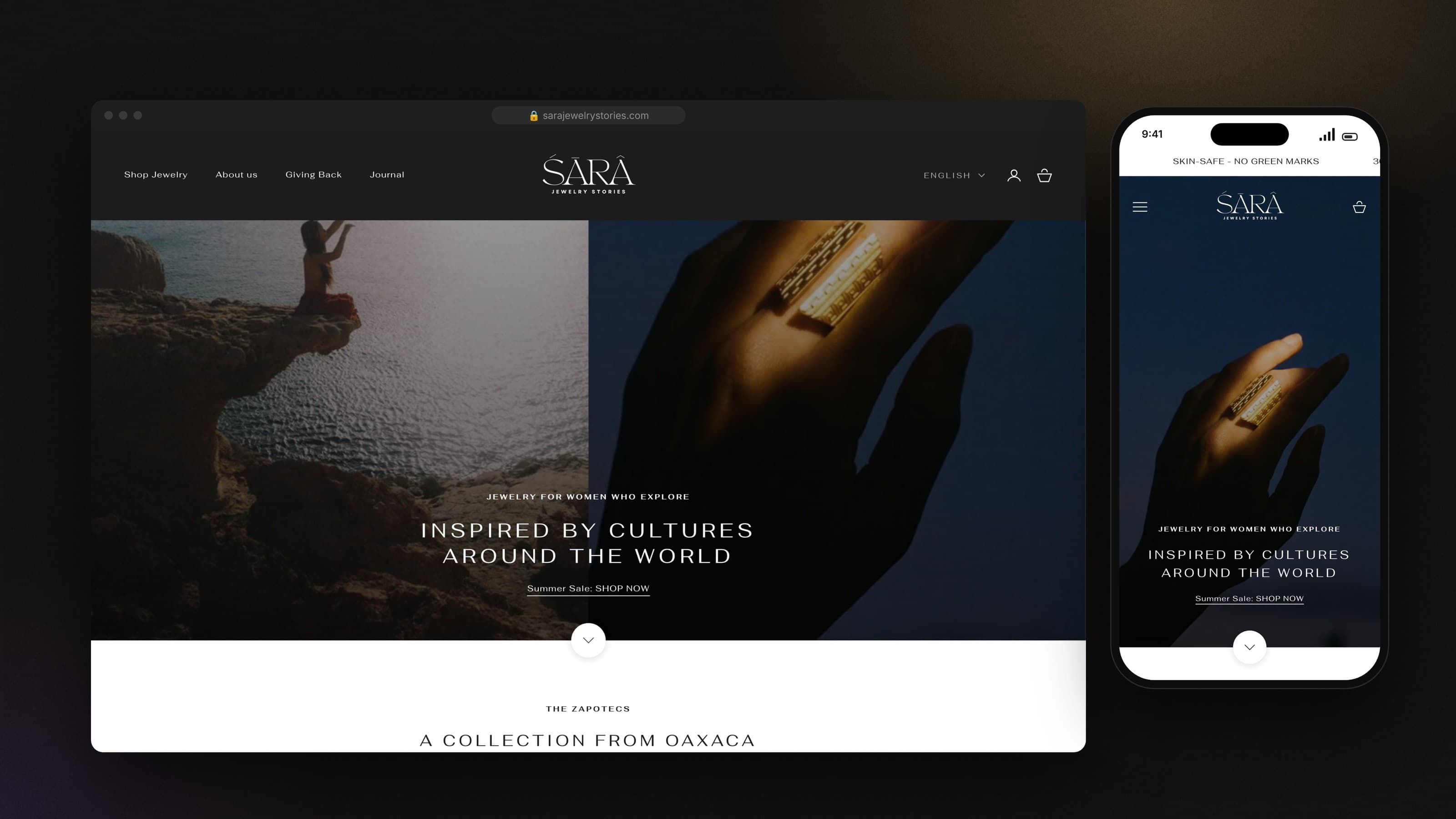 ŚĀRÂ Jewelry Stories homepage on desktop and mobile with the hero Inspired by cultures around the world