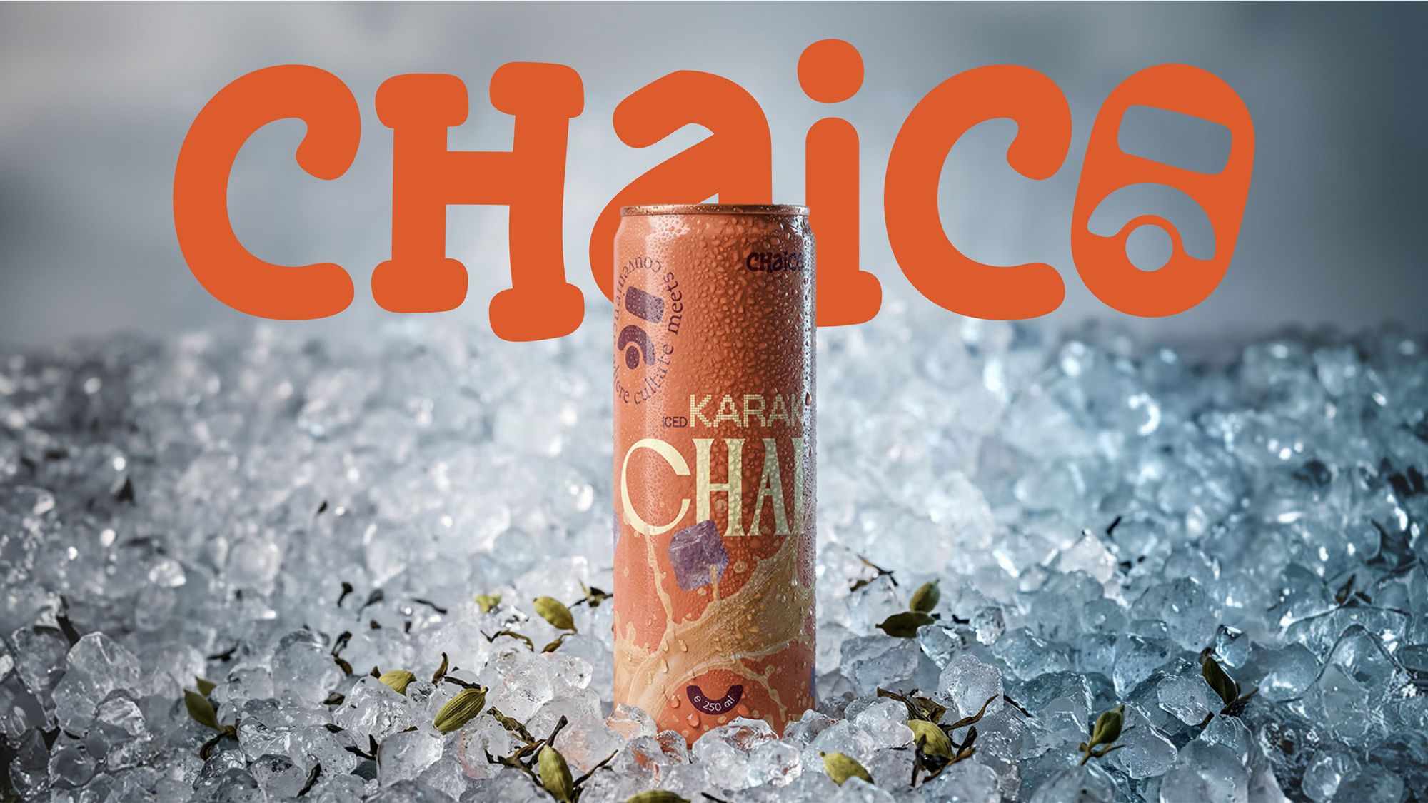 Chaico Karak Chai can on crushed ice under the orange Chaico logo
