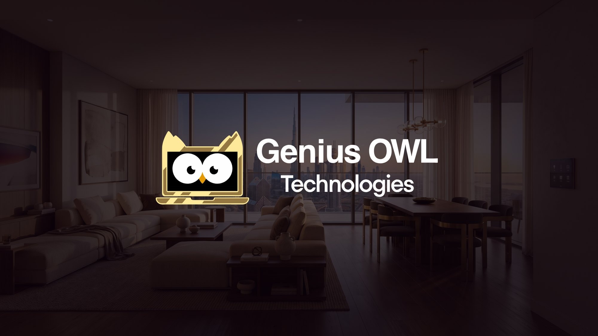 Genius OWL Technologies logo over a dusk view of a Dubai apartment living room